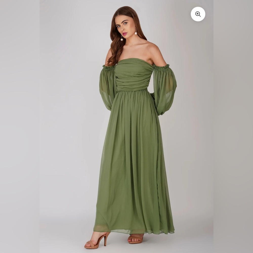 LACE & BEADS ROMANTIC LANA OFF SHOULDER CHIFFON MAXI DRESS OLIVE UK8/US4 (XS)NWT